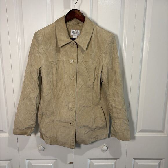Style & Co Suede Leather Jacket Womens M Tan Button Up Boho Core Fall Neutral - Picture 1 of 6